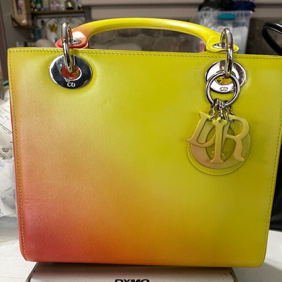 2014 CHRISTIAN DIOR BOX CALFSKIN GRADIENT MEDIUM LADY DIOR YELLOW ORANGE W/STRAP - Picture 1 of 15